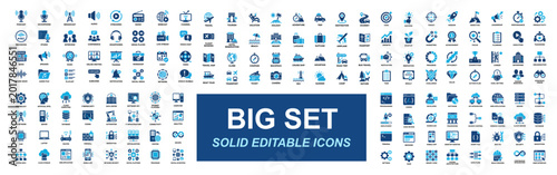 Mega icon set of business strategy, podcast media, travel tourism, AI technology, programming development, startup growth, cloud computing and digital communication. Solid icons vector illustration