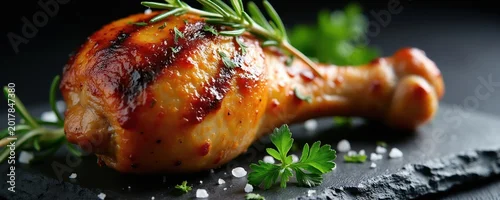 Obraz  z motywem Cooked chicken drumstick with glaze and herbs sits on dark slate plate. Food garnished with rosemary and parsley, sprinkled with sea salt. Appetizing meat dish ready for dinner.