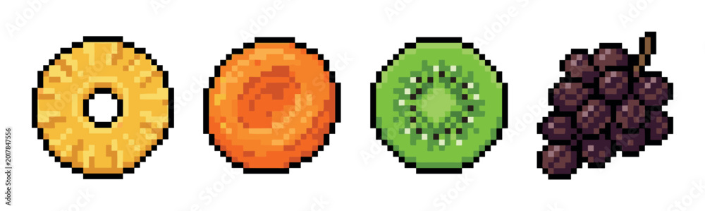 Fototapeta premium Pineapple slice, orange, kiwi, and grapes pixel art style vector illustration for retro game design