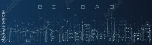 Bilbao Smart City Skyline Vector in Circuit Board Style Futuristic Technology Background