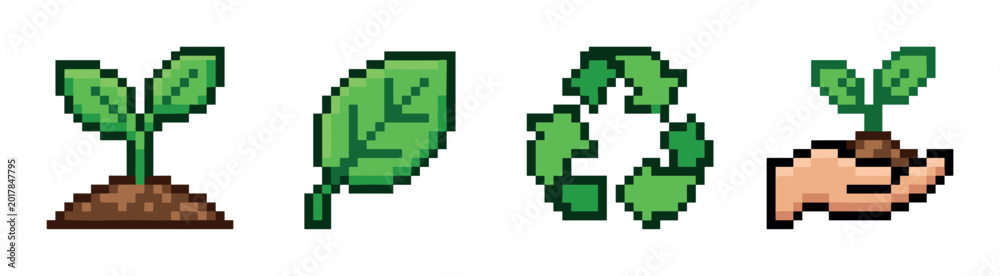 Obraz premium Green plant sprout, leaf, recycling symbol, and hand holding a plant pixel art icon set, representing nature, growth, and environmental conservation in a retro video game style