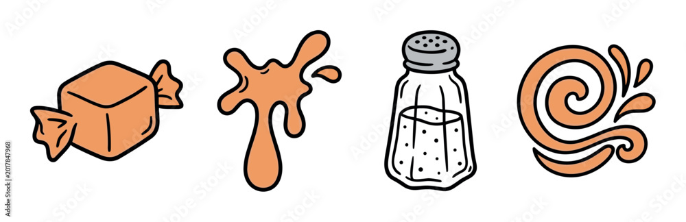 Obraz premium Caramel candy, liquid splash, salt shaker, and swirl icons representing sweet and salty flavors in a flat design vector illustration set