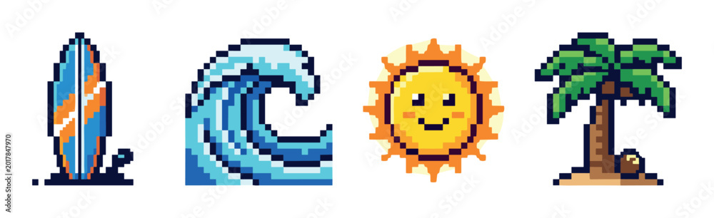 Fototapeta premium Surfboard, ocean wave, smiling sun, and palm tree pixel art icons set, summer vacation retro 8-bit style vector illustration