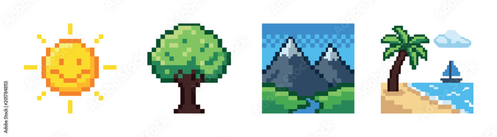 Obraz premium Sun tree mountains beach palm boat cloud pixel art icons set, retro 8-bit video game style vector illustration for digital design elements