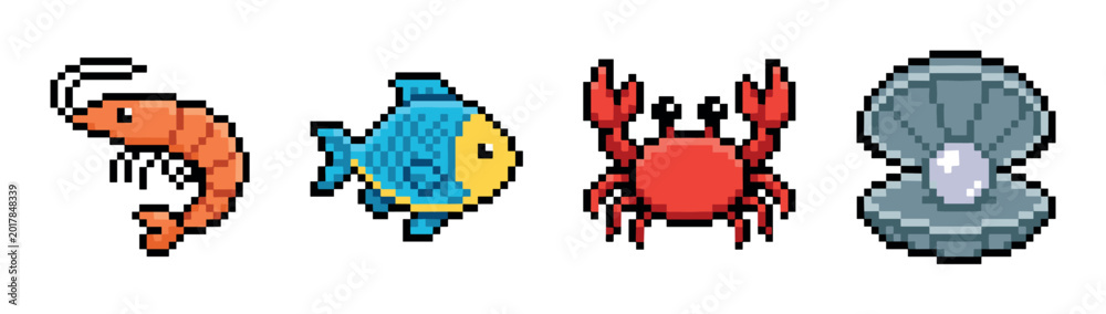 Obraz premium Shrimp, fish, crab, and clam with pearl pixel art icons, a charming collection of retro 8-bit style marine life vector illustrations for games and digital designs