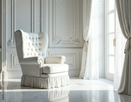 Elegant white tufted armchair stands in a sunlit classic room with decorative wall paneling. Tall sheer curtains frame a window letting in soft light.