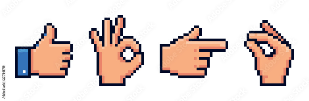Fototapeta premium Thumbs up, OK, pointing, and pinch gesture hands pixel art style vector illustration set for user interface design