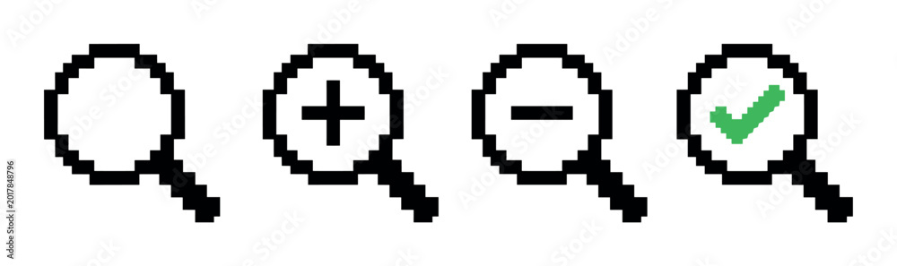 Fototapeta premium Magnifying glass search zoom in zoom out checkmark pixel art icons set, digital retro 8-bit style vector illustration for user interface design elements