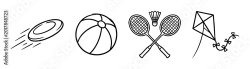 Frisbee beach ball badminton rackets shuttlecock kite icons, hand drawn doodle style vector illustration for summer activities and outdoor games