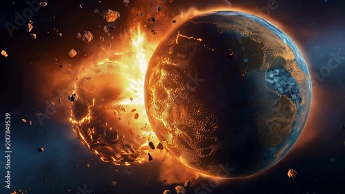 Exploding planet in deep space with powerful golden energy beam, dramatic cosmic destruction scene with fiery impact, debris field, intense light burst and cinematic sci fi apocaly