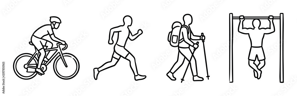 Naklejka premium Cyclist riding bicycle, runner jogging, hiker with backpack and poles, and man doing pull-ups, all depicted as outline icons in a clean, modern vector illustration