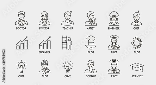 Diverse Professions Icons: Doctor, Engineer, Teacher, Artist, Chef, Pilot, Scientist, Idea