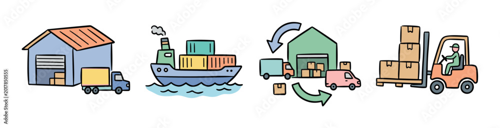 Naklejka premium Warehouse truck ship forklift delivery logistics supply chain icons set, hand drawn doodle style vector illustration for transportation and distribution concepts