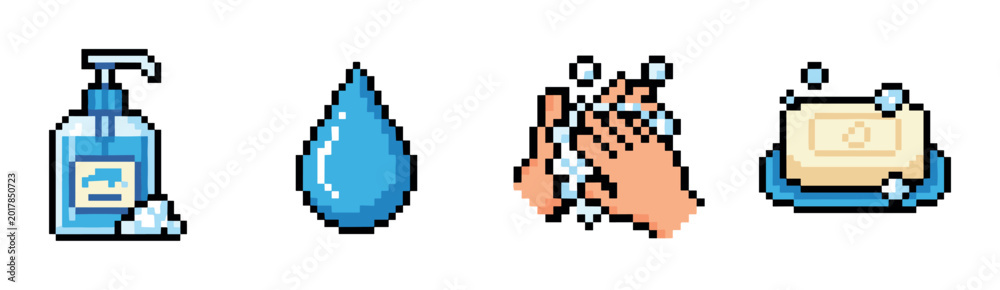 Fototapeta premium Hand sanitizer bottle, water drop, washing hands, and soap bar pixel art icons set for hygiene and cleanliness