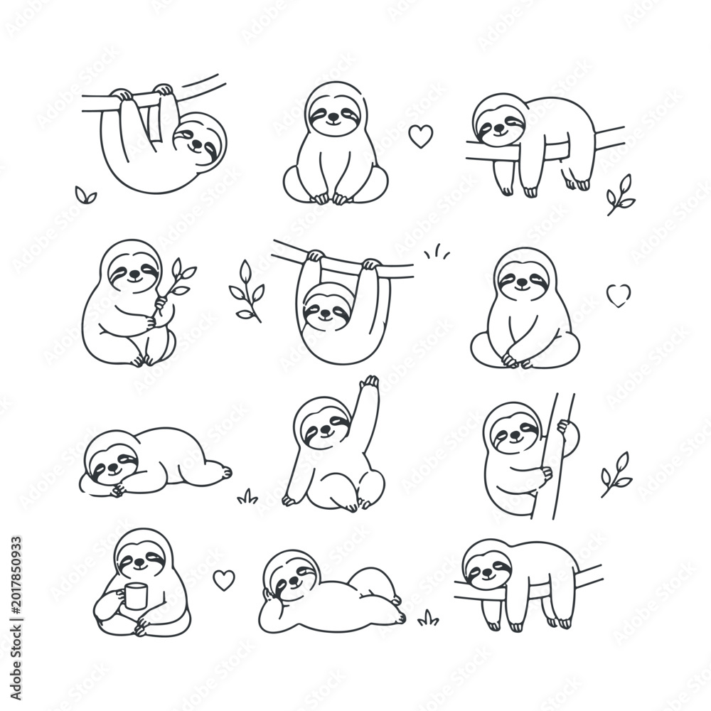 Fototapeta premium Sloth character doodle set Cute doodle character vector on white background