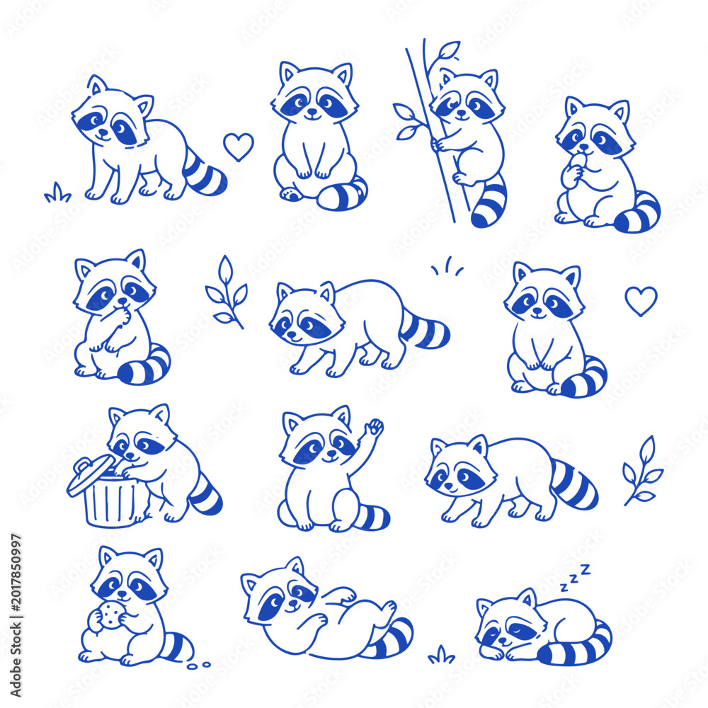 Obraz premium Raccoon character doodle set Cute doodle character vector on white background