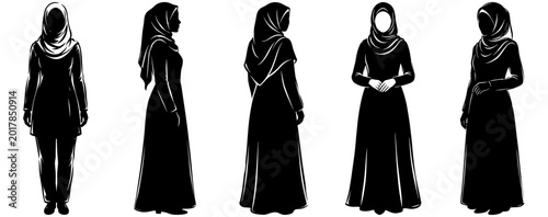 Schilderij op canvas Muslim Women Silhouettes in Hijab and Modest Fashion Outfits