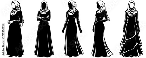 Tableau sur toile Set of Silhouettes of Muslim Women in Hijab and Abaya