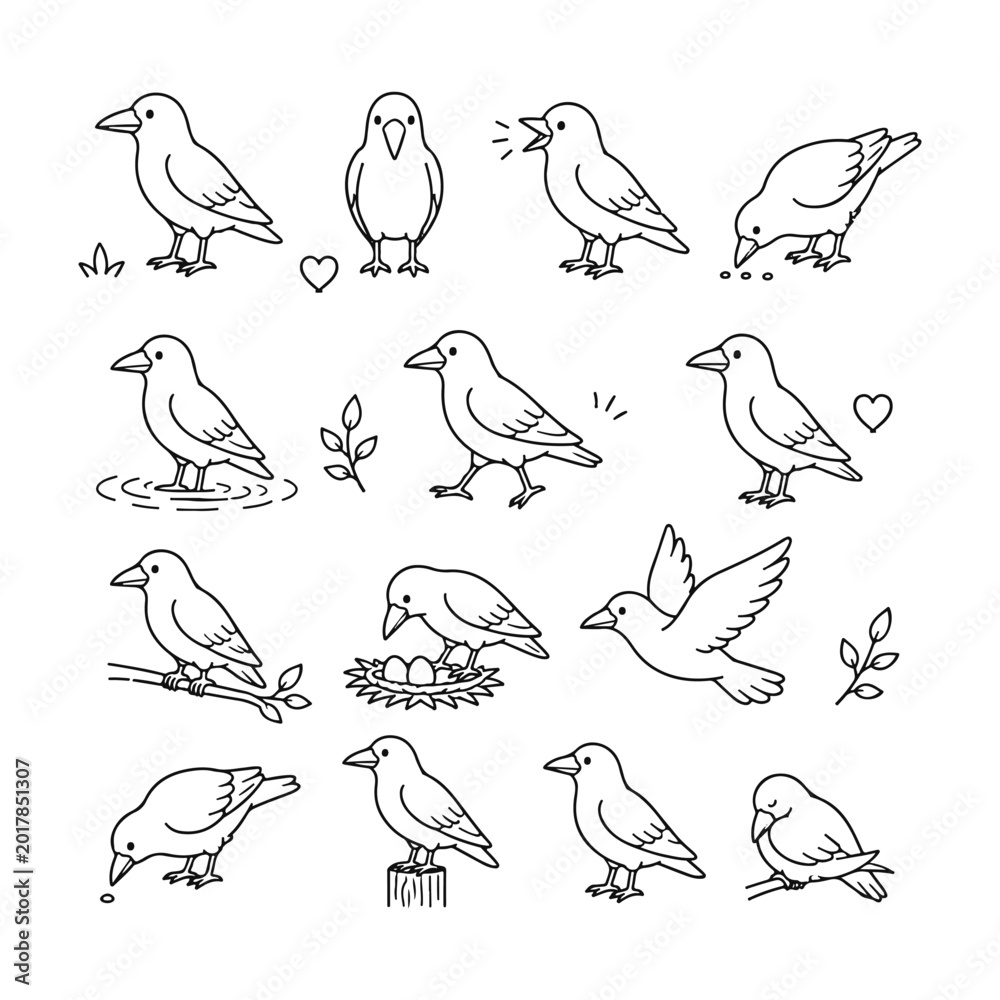 Fototapeta premium Crow character doodle set Cute doodle character vector on white background