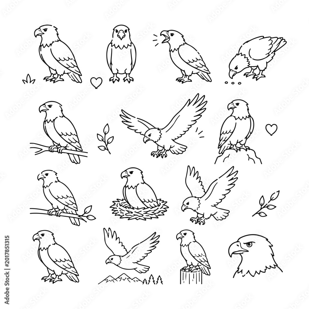 Fototapeta premium Eagle character doodle set Cute doodle character vector on white background