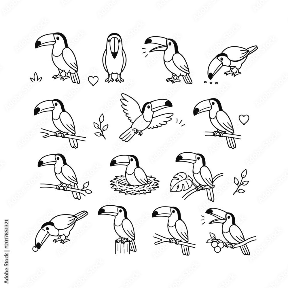 Fototapeta premium Toucan character doodle set Cute doodle character vector on white background