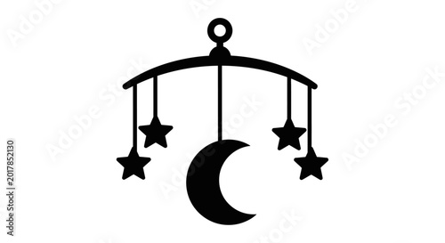 Baby mobile icon, crescent moon and stars, nursery decoration, black silhouette, vector graphic