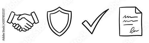 Free Download Handshake shield checkmark document icons set, representing agreement, protection, approval, and contract in a hand-drawn doodle style vector illustration - GFXLoad