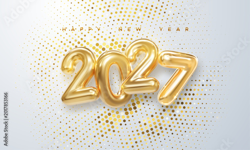 Happy New 2027 Year. Holiday vector illustration of golden metallic numbers 2027 and sparkling glitter pattern. Realistic 3d sign. Festive poster or banner design