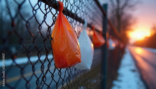 Plastic bags caught on chain link fence. Trash and waste pollute roadside, bright colors contrast with cold winter scene. Stormy weather left debris on road.