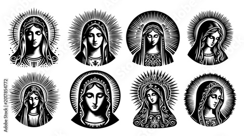 Tablou pe pânză Virgin Mary religious icons set, Blessed Mother Madonna portraits with halo, spi