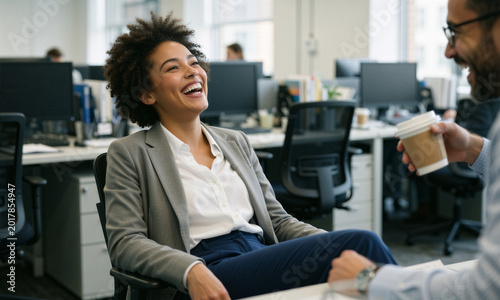 Joyful young African American woman laughs freely in office, surrounded by modern desks and coworkers, her vibrant dark skin and sparkling eyes shining with contagious happiness.