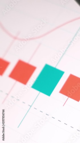 Colorful candlestick chart with rising trend line and fluctuating financial data bars showing contrasting price movements on a minimalist analytic background