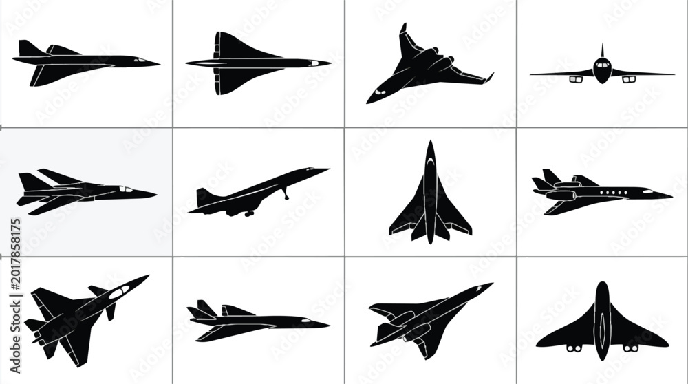 Fototapeta premium Collection of twelve black silhouettes of supersonic jet aircraft from various angles.