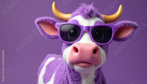 Cute purple cartoon cow wears stylish purple sunglasses. This playful bovine has a fluffy texture and big pink nose against a solid purple backdrop, looking cool.