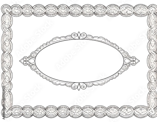 An ornate, grayscale frame featuring a rectangular border with textured, symmetrical detailing, plus a smaller, oval-shaped decorative inner frame