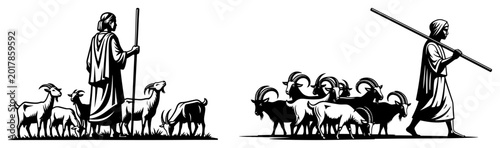 Fotografía Biblical shepherd with flock of goats and sheep set, ancient pastoral scene with