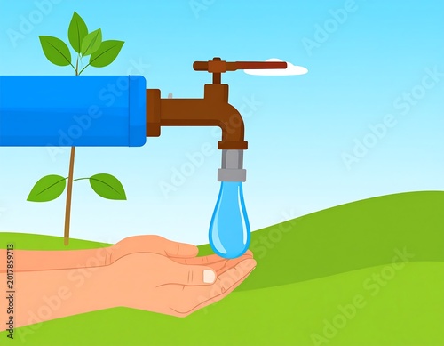 An illustration depicting hands cupping a large water droplet falling from a faucet against a backdrop of a small tree, a field, and a blue sky