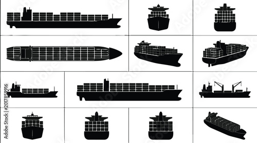 Collection of various container ship silhouettes from different angles and perspectives.