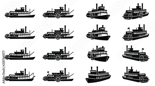 Collection of vintage paddle steamer riverboat silhouettes in black and white vector style.