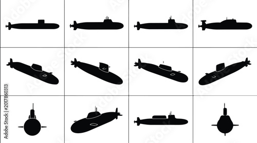 Collection of submarine silhouettes from different viewing angles and perspectives.