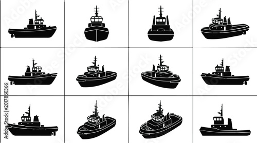 Collection of tugboat silhouettes from multiple angles and perspectives.