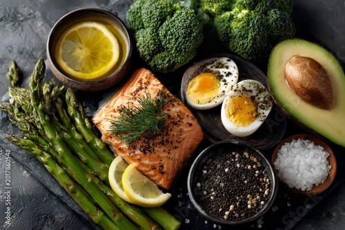 Overhead shot shows healthy food ingredients including avocados, eggs, quinoa, nuts, seeds, and peppers on a dark surface for cooking.