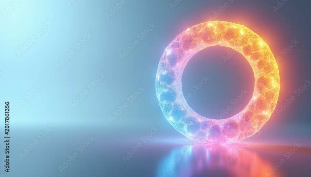 Fototapeta premium Bright abstract ring shape glows with warm orange and cool blue neon light. Textured circular form creates energetic, futuristic digital art background. Dynamic luminous object.