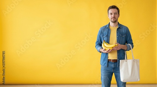 A man standing in front of a yellow wall holding a white bag.