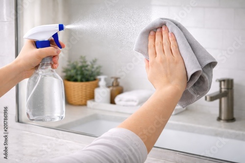 Streak-free bathroom mirror cleaning with microfiber cloth