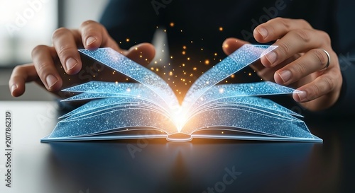 Knowledge and learning concept. A professional's hands open a holographic 'book' from which a soft light emanates, symbolizing knowledge.