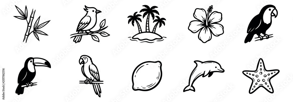 Naklejka premium Silhouette icon set of 10 tropical elements featuring parrot, toucan, palm tree, dolphin, hibiscus and starfish for summer design