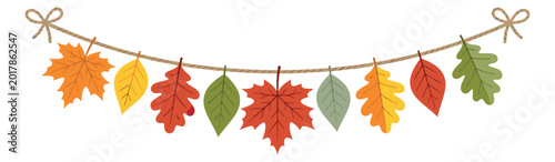 Flat illustration of autumn leaf garland depicting colorful fall foliage hanging on rope for seasonal decoration design
