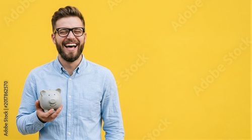 A man in a blue shirt holding a piggy bank.