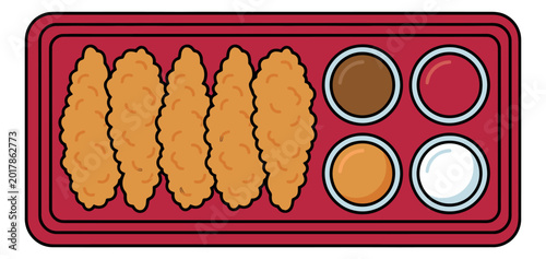 Cartoon illustration of chicken tenders meal depicting crispy strips with four dipping sauces on a red tray for food and restaurant design
